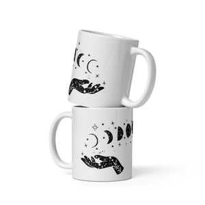 Sparkle Magic Moon Phase Hands White Glossy Mug