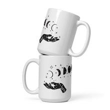 Load image into Gallery viewer, Sparkle Magic Moon Phase Hands White Glossy Mug
